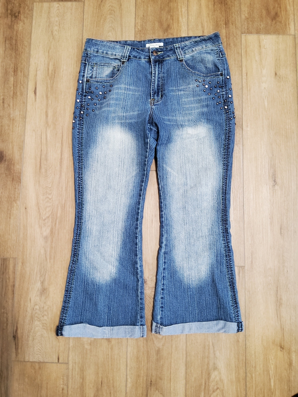 Y2K Neesa Denim Studded Mid-Rise Faded Bootcut Rolled Cuff Jeans